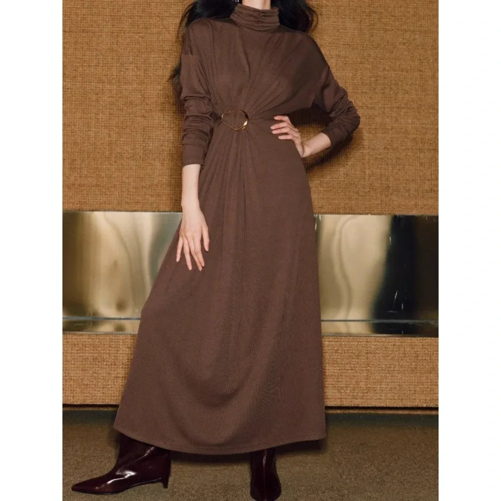 Commense Brown‎ Turtleneck Maxi Dress with Gold Ring Detail Long Sleeve Size M